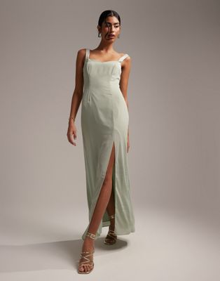ASOS DESIGN Bridesmaid maxi dress with satin curved neckline and split detail in light sage