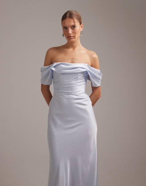 ASOS DESIGN Bridesmaids – Niebieska satynowa sukienka maxi z dekoltem bardot - view 1