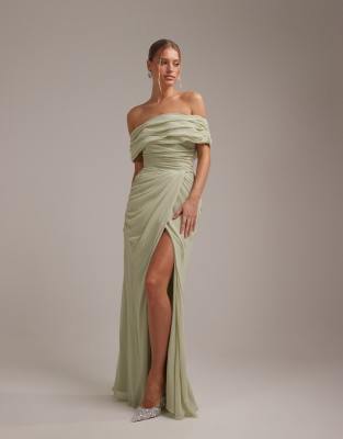 Asos Design Bridesmaids Off The Shoulder Chiffon Draped Maxi Dress With Fixed Wrap Skirt In Green