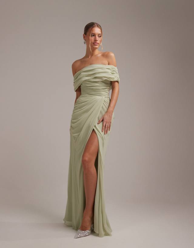 asos bridesmaid dresses sale DESIGN Bridesmaids off the shoulder chiffon draped maxi dress with fixed wrap skirt in sage green bateau neck dress Black Dress What Color Size:L | in stock Elevate your wardrobe with