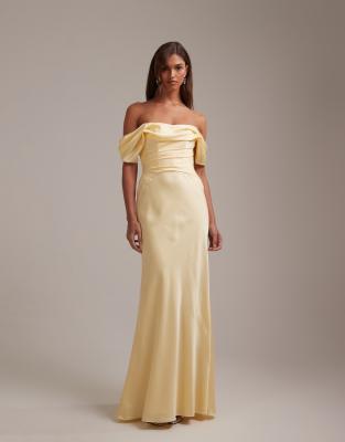 Asos Design Bridesmaids Off The Shoulder Satin Maxi Dress In Yellow
