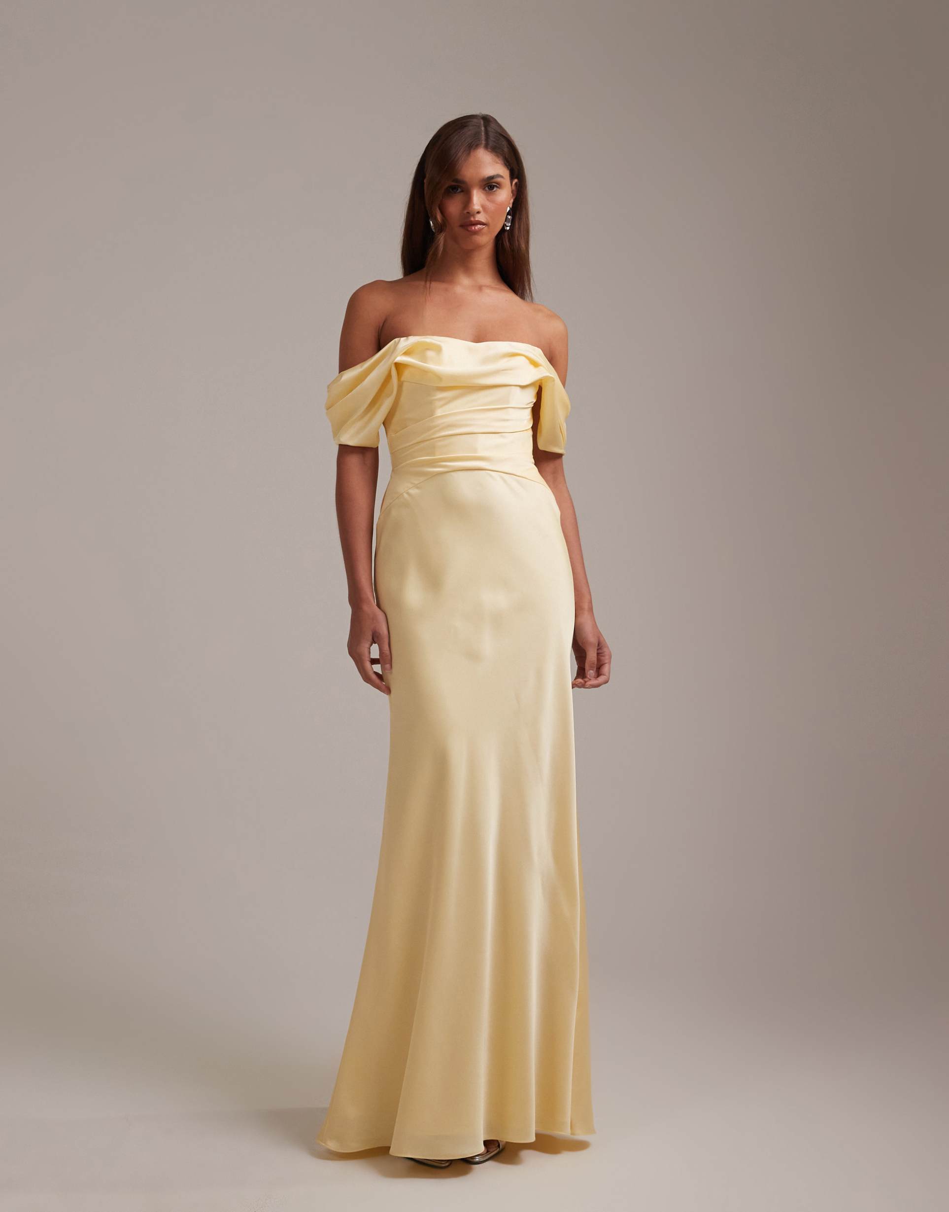 asos design bridesmaids off the shoulder satin maxi dress in lemon