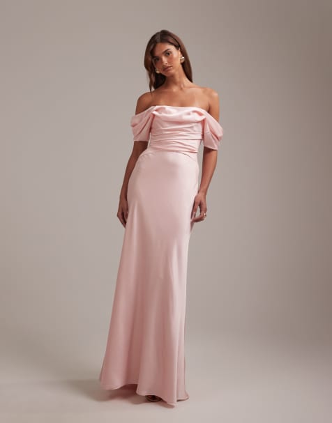 ASOS DESIGN Bridesmaids off the shoulder satin maxi dress in pink - view 1
