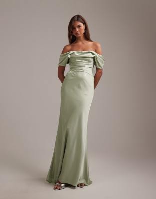 Asos Design Bridesmaids Off The Shoulder Satin Maxi Dress In Multi