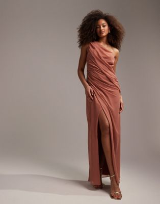 Asos Design Bridesmaids One Shoulder Draped Maxi Dress With Split In Dusky Rose-pink