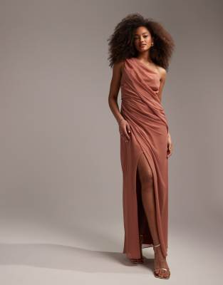 ASOS DESIGN Bridesmaids one shoulder draped maxi dress with split in dusky rose