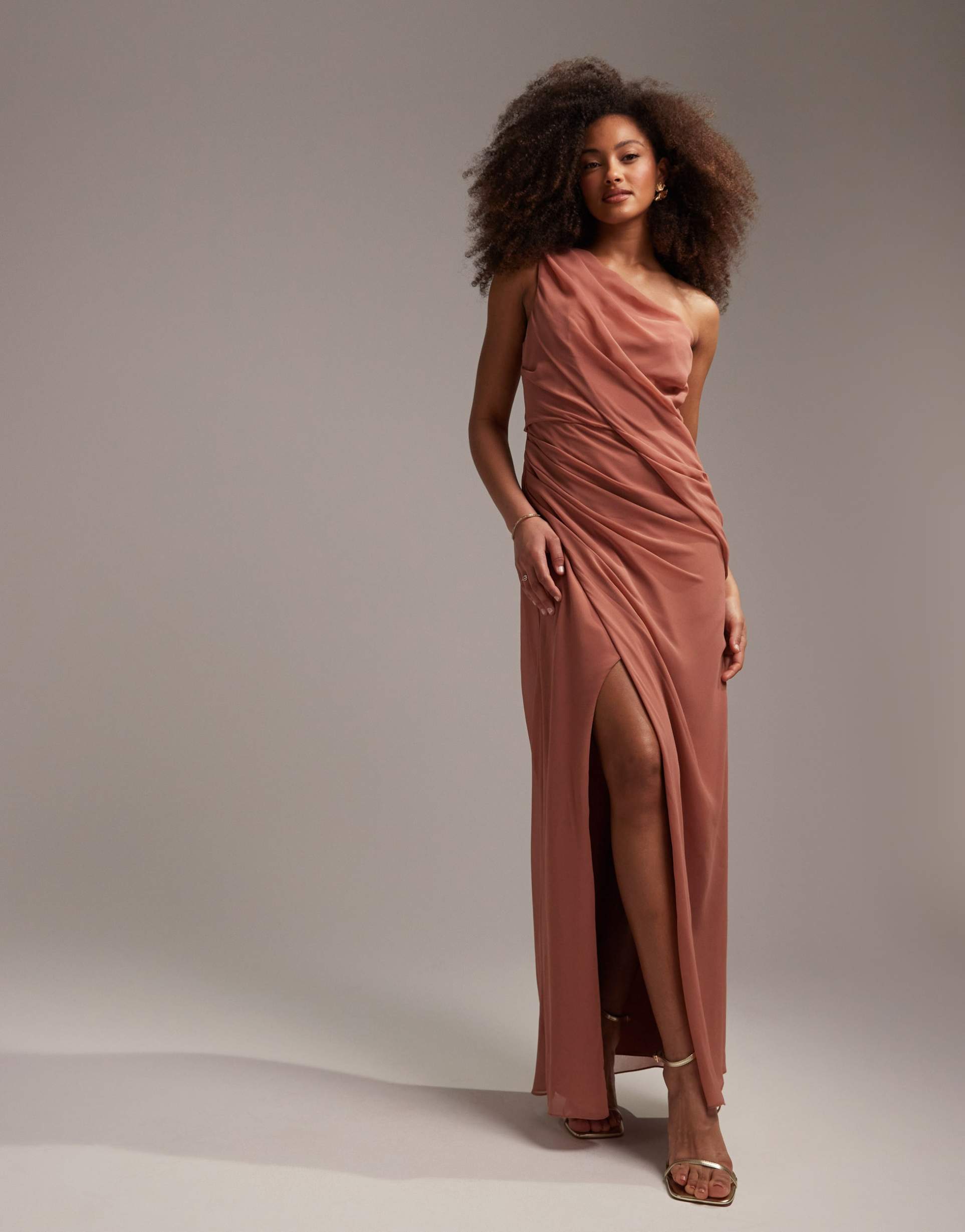 asos design bridesmaids one shoulder draped maxi dress with split in dusky rose