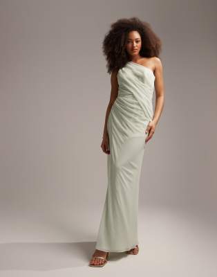 Asos Design Bridesmaids One Shoulder Draped Maxi Dress With Split In Sage Green