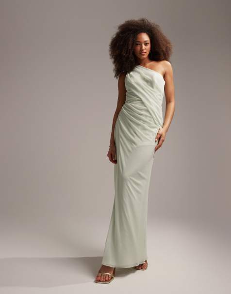 ASOS DESIGN Bridesmaids one shoulder draped maxi dress with split in sage green - view 1
