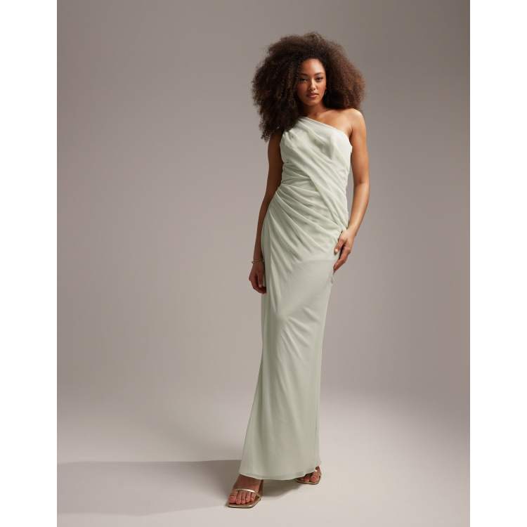 ASOS DESIGN Bridesmaids one shoulder draped maxi dress with split in sage  green | ASOS