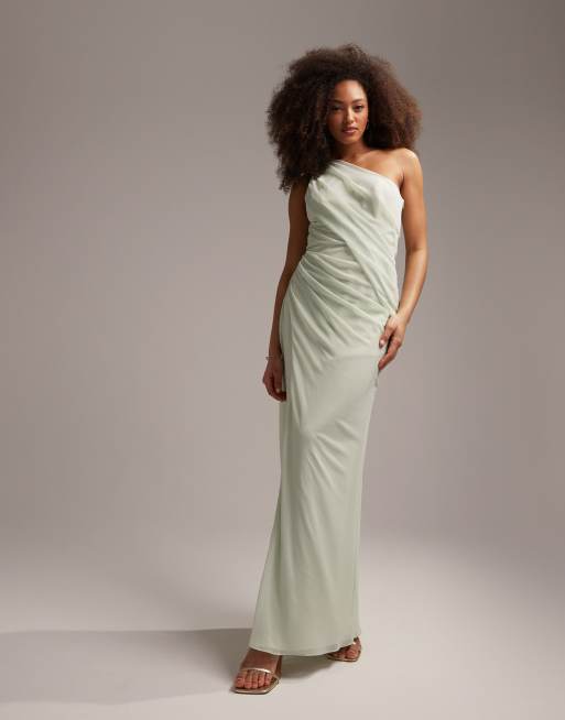 ASOS DESIGN Bridesmaids one shoulder draped maxi dress with split in sage green