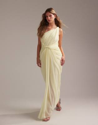 Asos Design Bridesmaids One Shoulder Draped Twist Detail Midaxi Dress In Soft Yellow