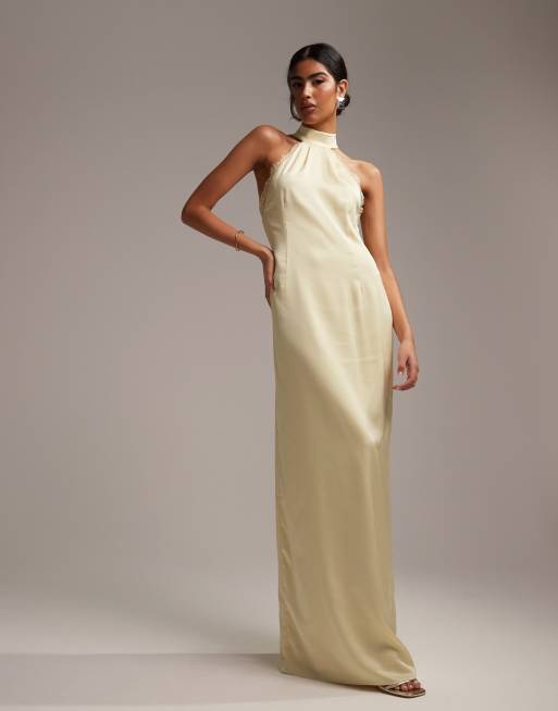ASOS DESIGN Bridesmaids – Pastelowożółta sukienka kolumnowa maxi z dekoltem halter i koronkowym zdobieniem
