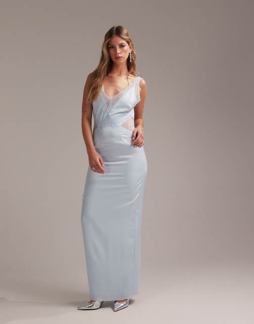 ASOS DESIGN Bridesmaids plunge neck lace detail satin column maxi dress in in light blue