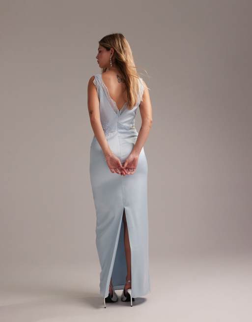 ASOS DESIGN Bridesmaids plunge neck lace detail satin column maxi dress in in light blue