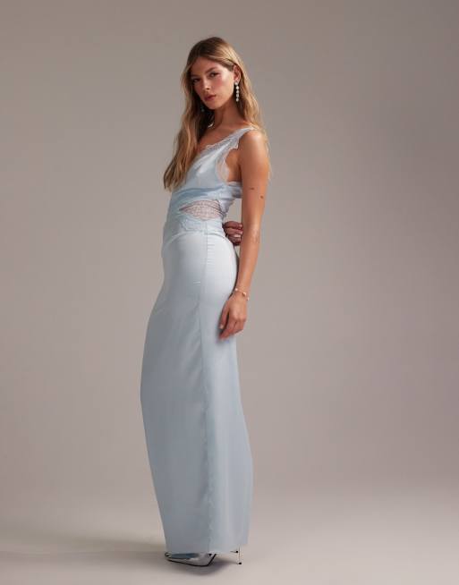 ASOS DESIGN Bridesmaids plunge neck lace detail satin column maxi dress in in light blue