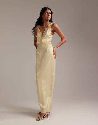 ASOS DESIGN Bridesmaids plunge neck lace detail satin column maxi dress in soft yellow