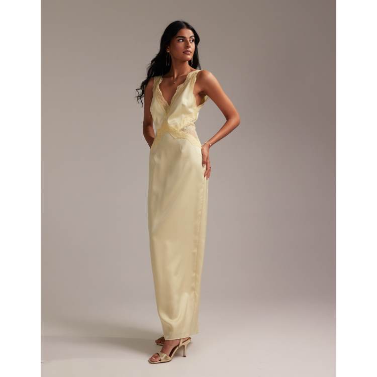 ASOS DESIGN Bridesmaids plunge neck lace detail satin column maxi dress in soft yellow