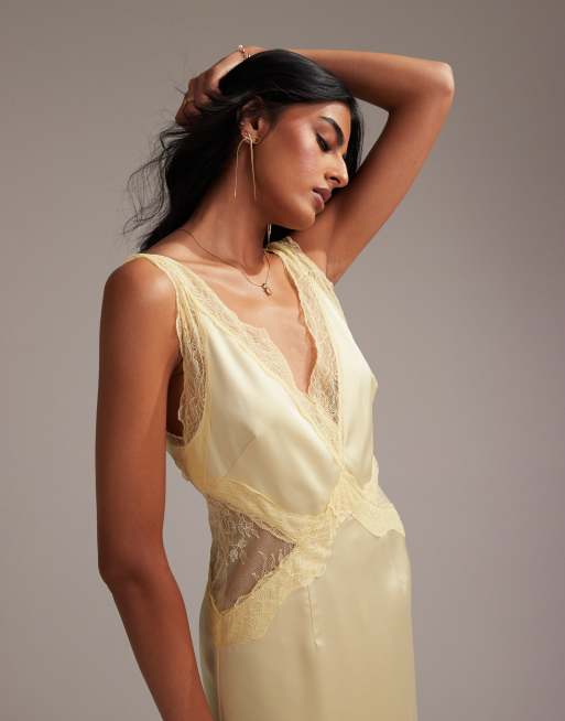 ASOS DESIGN Bridesmaids plunge neck lace detail satin column maxi dress in soft yellow