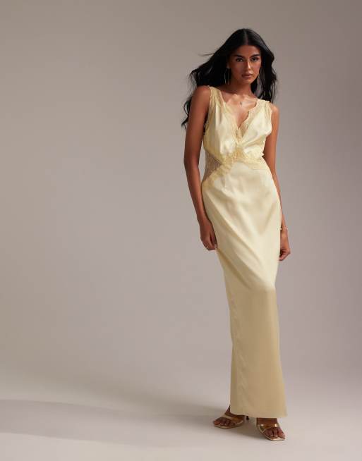 ASOS DESIGN Bridesmaids plunge neck lace detail satin column maxi dress in soft yellow