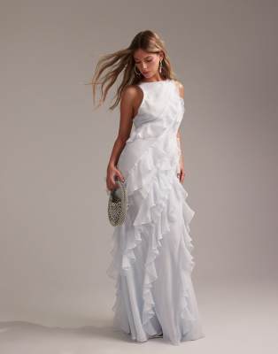 Asos Design Bridesmaids Racer Neck Bias Ruffle Maxi Dress In Light Blue