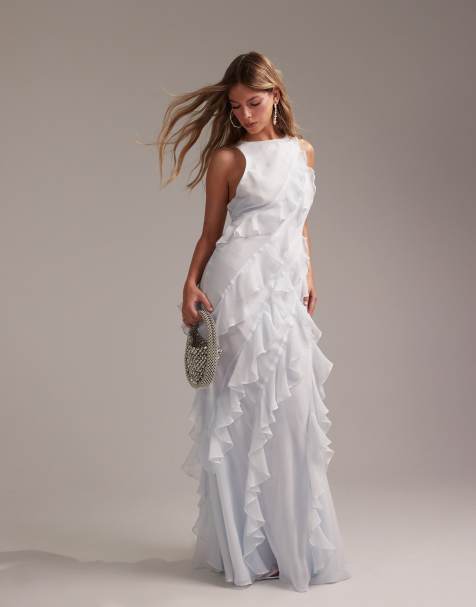 ASOS DESIGN Bridesmaids racer neck bias ruffle maxi dress in light blue - view 1