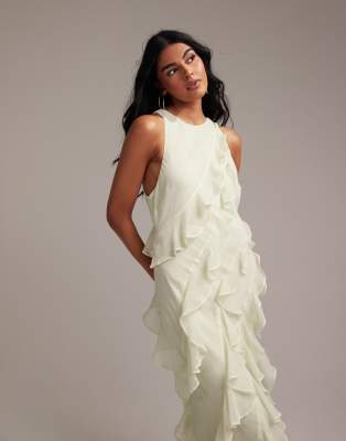 ASOS DESIGN Bridesmaids racer neck bias ruffle maxi dress in light green
