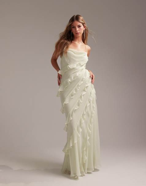 ASOS DESIGN Bridesmaids ruffle cami bias maxi dress in light green - view 1