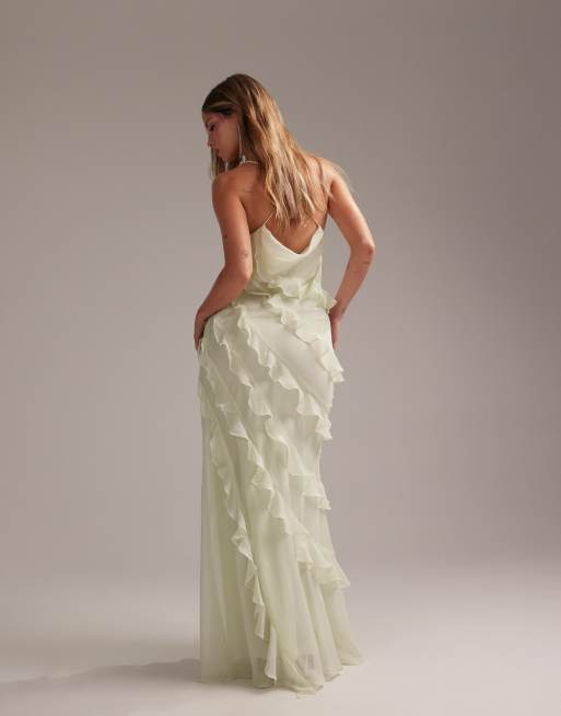 ASOS DESIGN Bridesmaids ruffle cami bias maxi dress in light green, 3 of 5