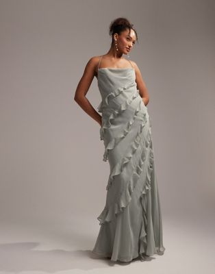 Asos Design Bridesmaids Ruffle Cami Bias Maxi Dress In Sage Green