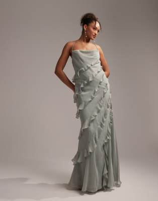 Asos Design Bridesmaids Ruffle Cami Bias Maxi Dress In Sage Green In Green