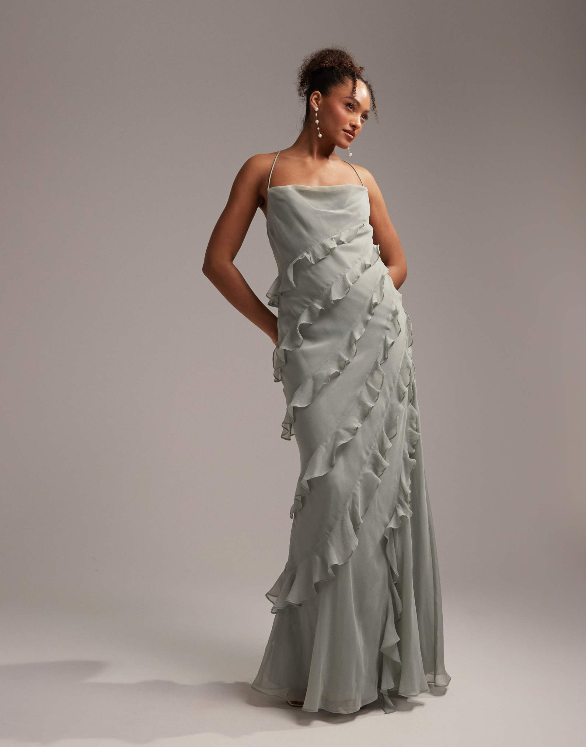 asos design bridesmaids ruffle cami bias maxi dress in sage green