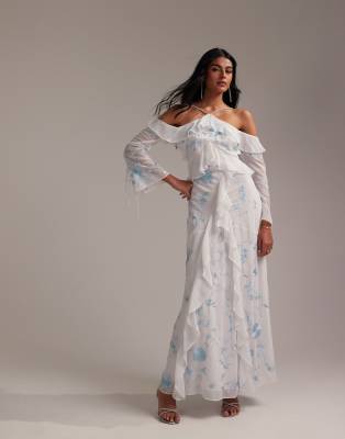 Asos Design Bridesmaids Ruffle Cold Shoulder Maxi Dress In Blue