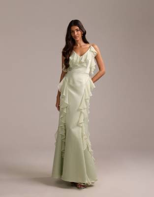 Asos Design Bridesmaids Satin Chiffon Ruffle Maxi Dress With Godet Skirt In Green