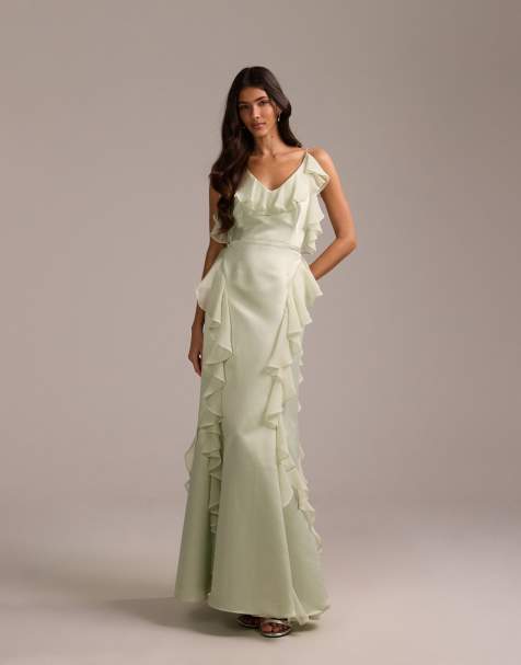 ASOS DESIGN bridesmaids satin chiffon ruffle maxi dress with godet skirt in sage green - view 1