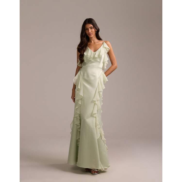 ASOS DESIGN bridesmaids satin chiffon ruffle maxi dress with godet skirt in  sage green | ASOS