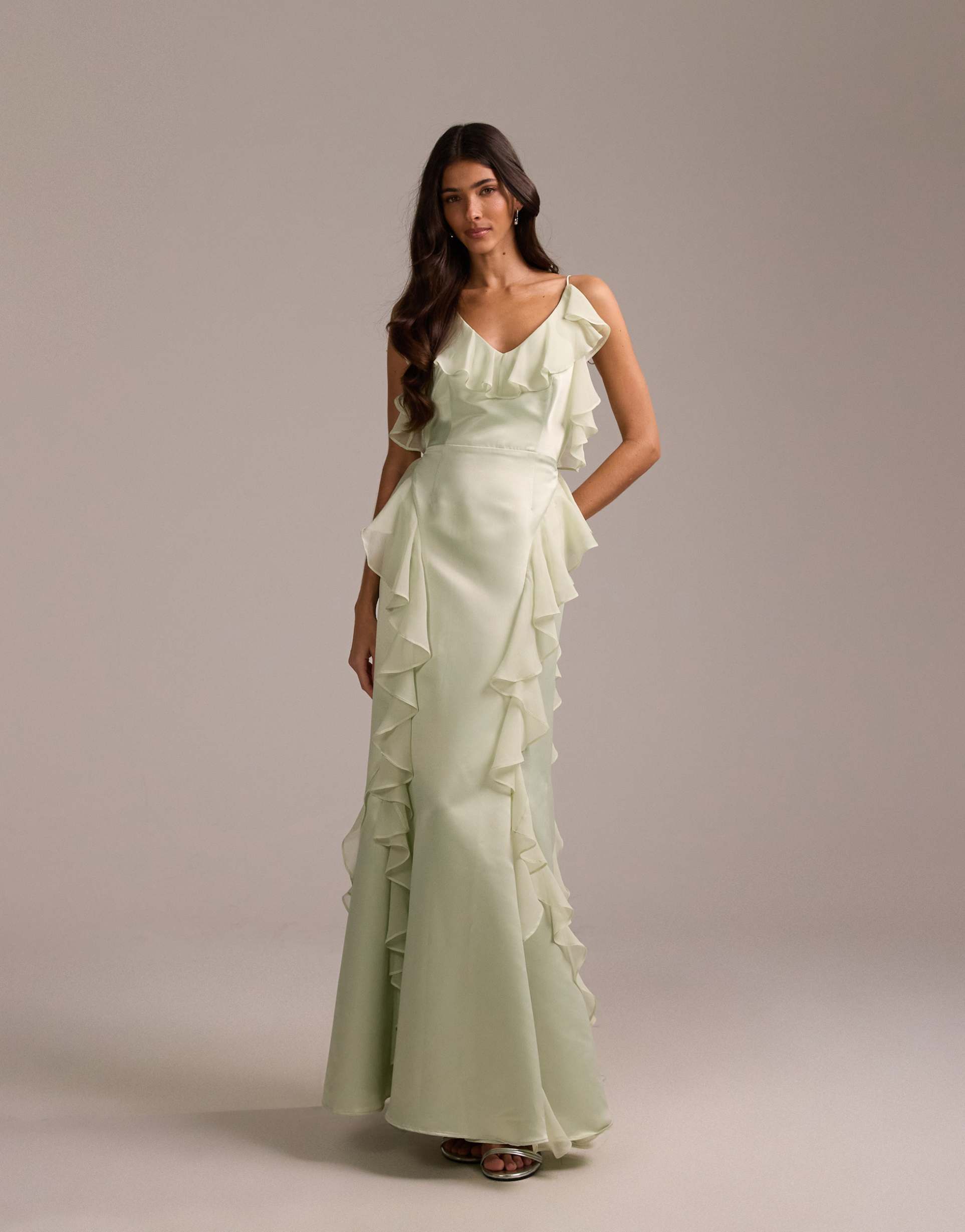 asos design bridesmaids satin chiffon ruffle maxi dress with godet skirt in sage green