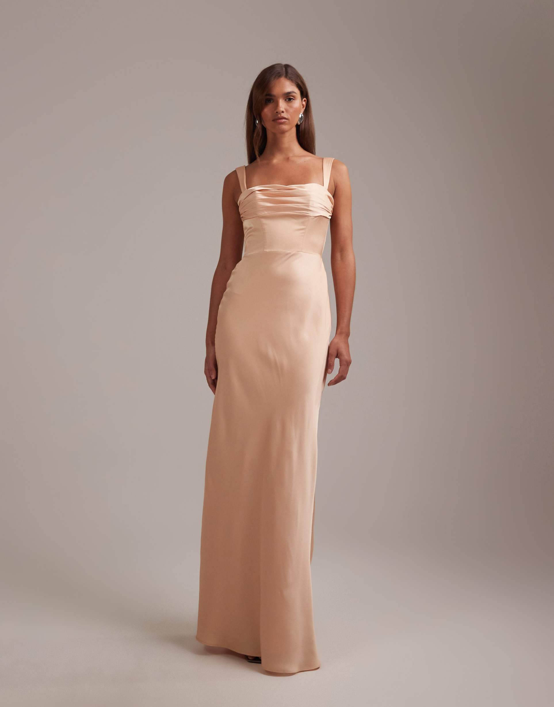asos design bridesmaids satin draped bust maxi dress with column skirt in apricot
