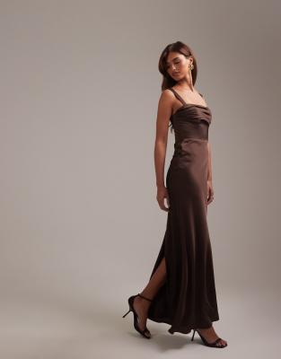 Asos Design Bridesmaids Satin Draped Bust Maxi Dress With Column Skirt In Brown