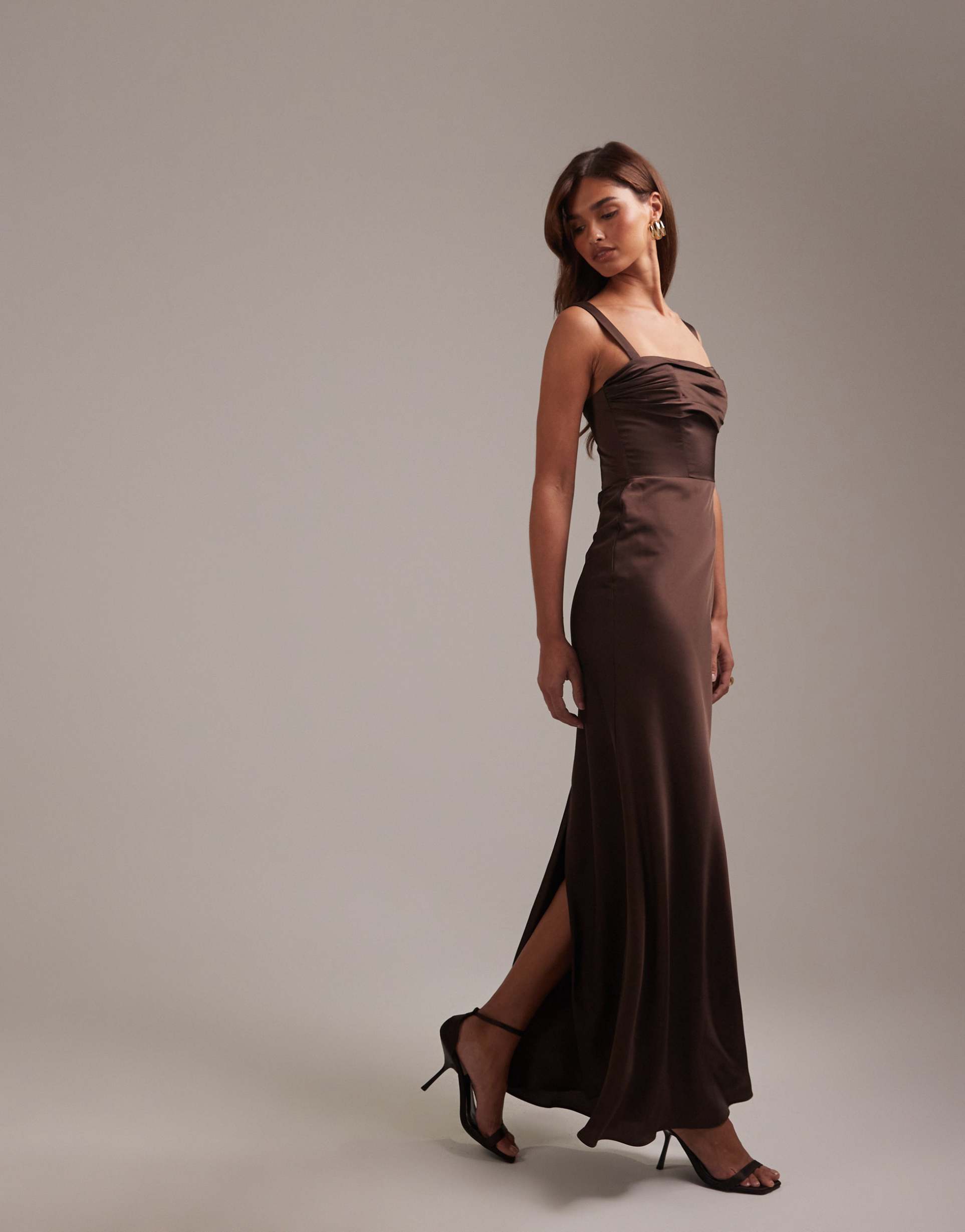 asos design bridesmaids satin draped bust maxi dress with column skirt in chocolate