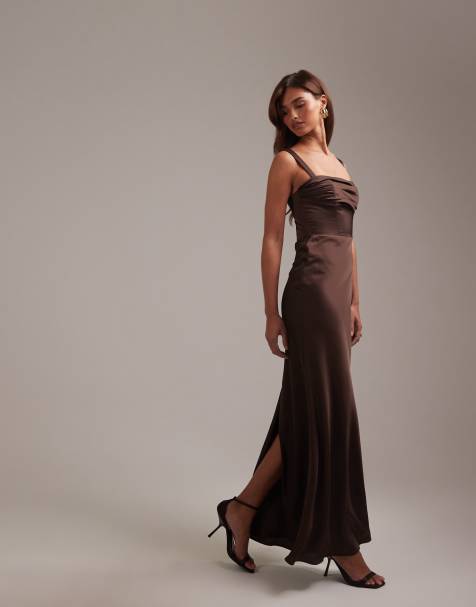 ASOS DESIGN bridesmaids satin draped bust maxi dress with column skirt in chocolate