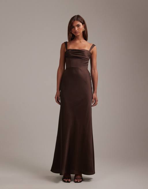 ASOS DESIGN bridesmaids satin draped bust maxi dress with column skirt in chocolate, 6 of 6