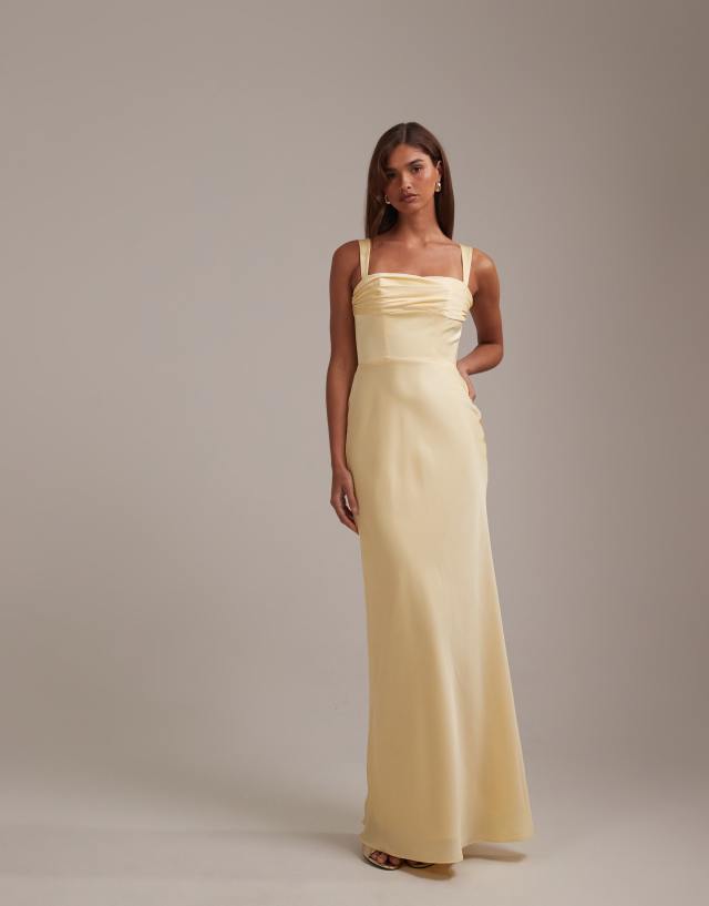 lemon bridesmaid dresses asos DESIGN bridesmaids satin draped bust maxi dress with column skirt in Color:Peach Brown