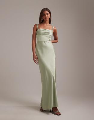 Asos Design Bridesmaids Satin Draped Bust Maxi Dress With Column Skirt In Green