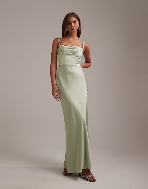 asos bridesmaid dress DESIGN Bridesmaids square neck satin maxi with asymmetric skirt overlay in chocolate and a convenient side zip closure ASOS DESIGN Bridesmaids off the