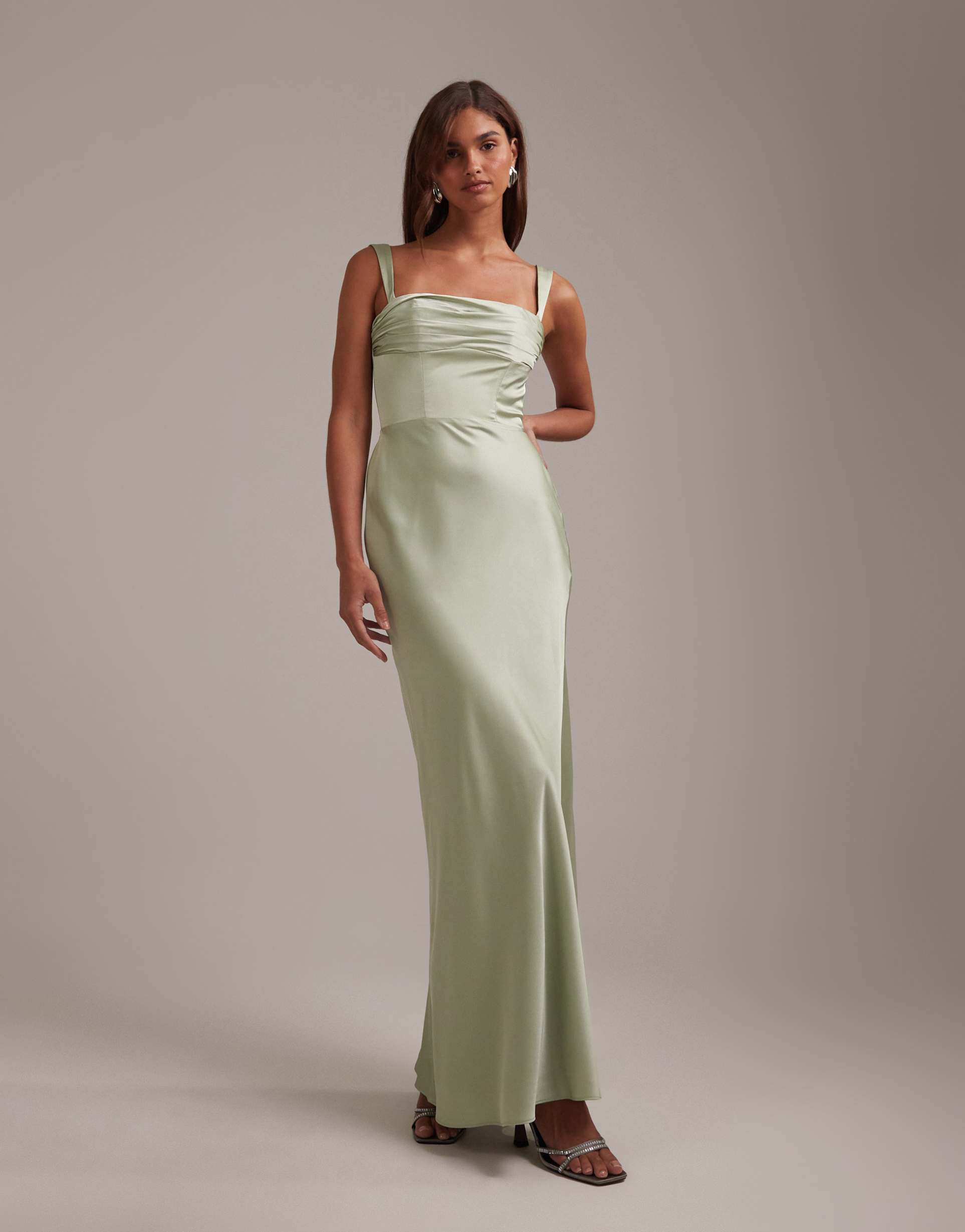 asos design bridesmaids satin draped bust maxi dress with column skirt in sage green