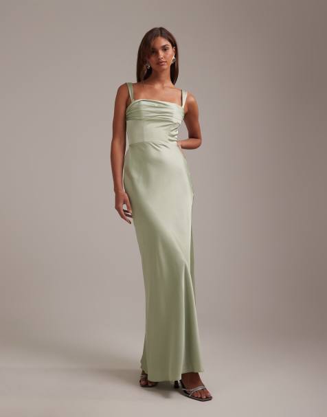 ASOS DESIGN bridesmaids satin draped bust maxi dress with column skirt in sage green