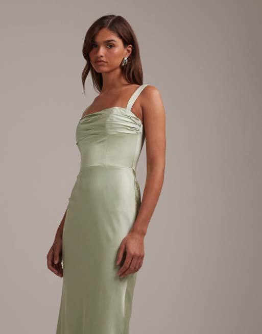 ASOS DESIGN Bridesmaids satin draped bust maxi dress with column skirt in sage green, 5 of 6