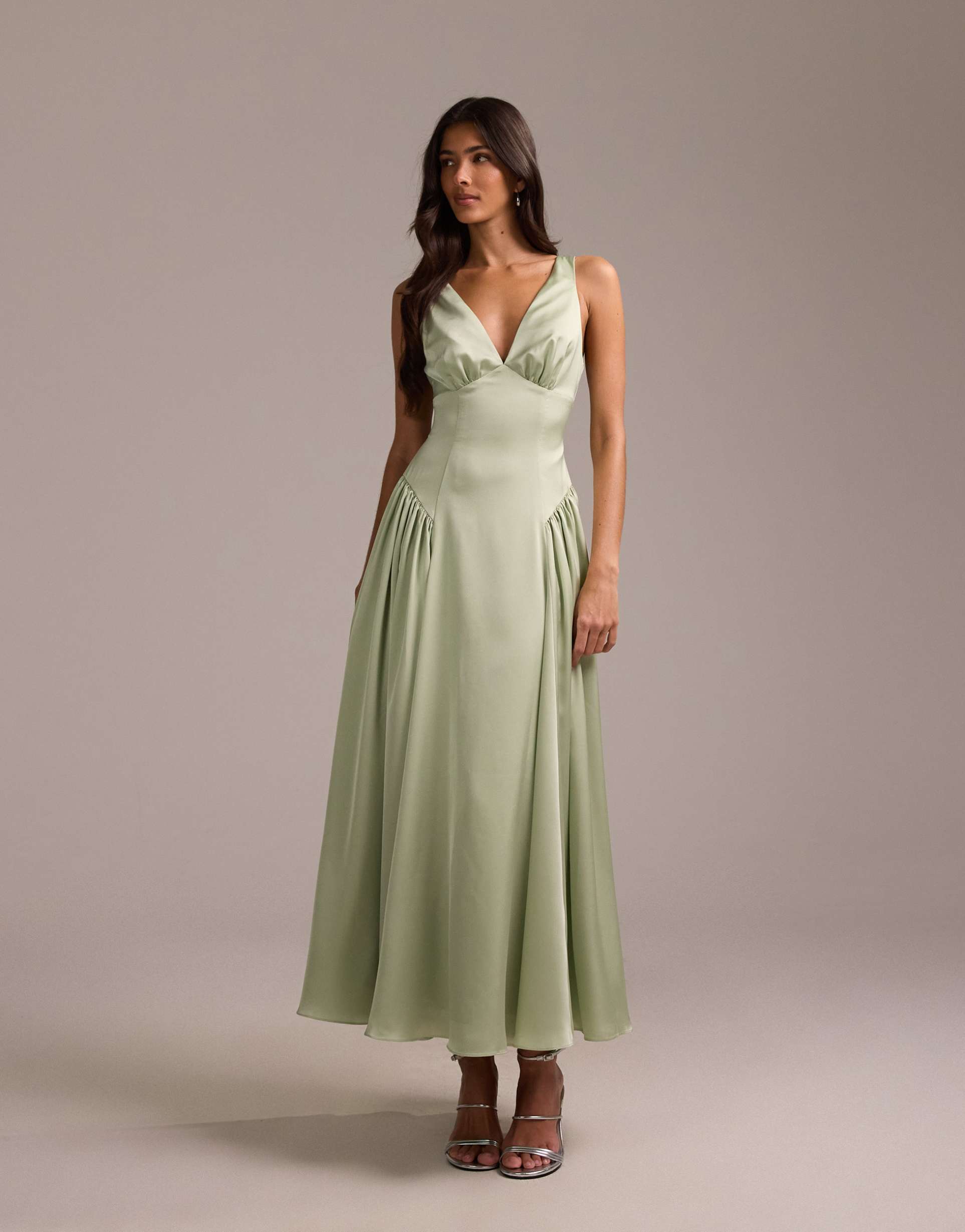 asos design bridesmaids satin plunge neckline dropped waist midi dress in sage green