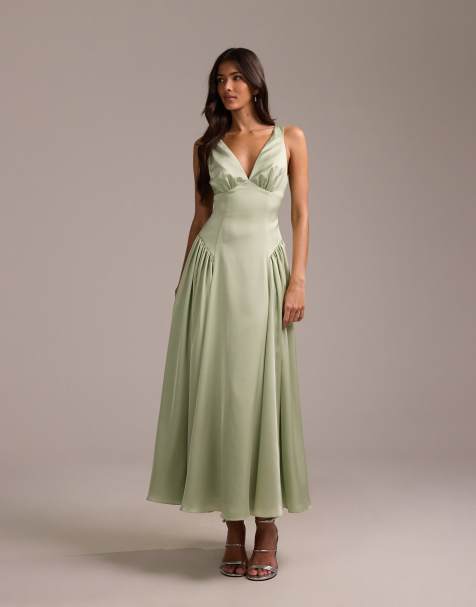 ASOS DESIGN bridesmaids satin plunge neckline dropped waist midi dress in sage green